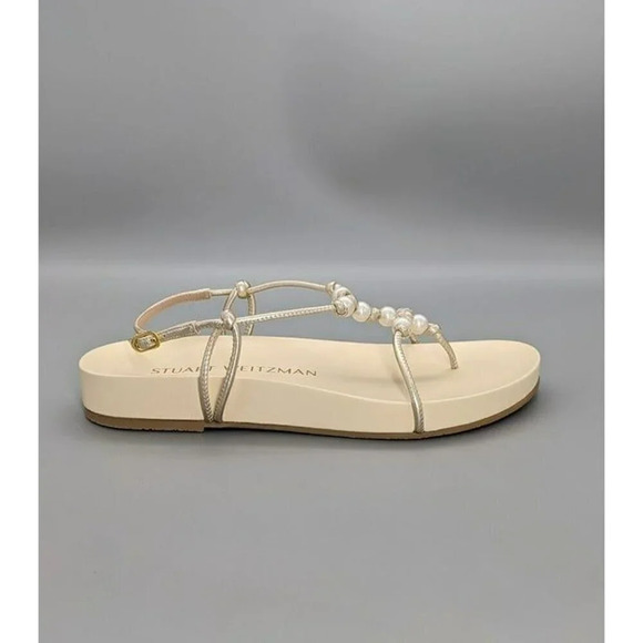 STUART WEITZMAN Pearl Knot Metallic Leather Flat Sandals Size 7 B MSRP $395 - Picture 4 of 8